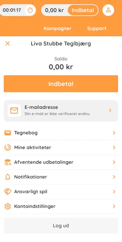 Knap til verificering af email og telefonnummer hos GetLucky.