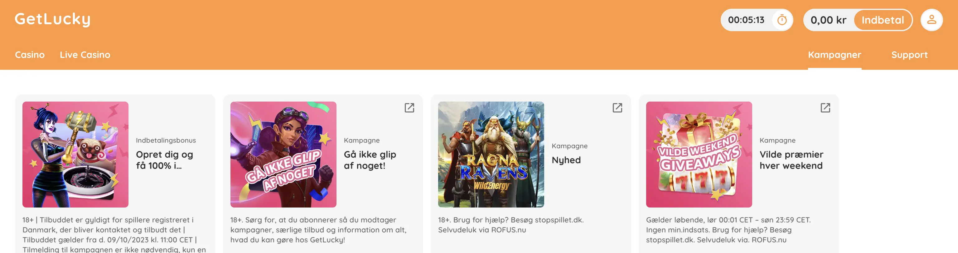 Oversigt over GetLucky Casinos øvrige kampagner samt velkomstbonus. 