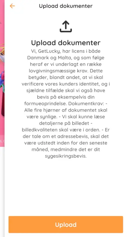 Upload dokumentation på dine oplysninger hos GetLucky.