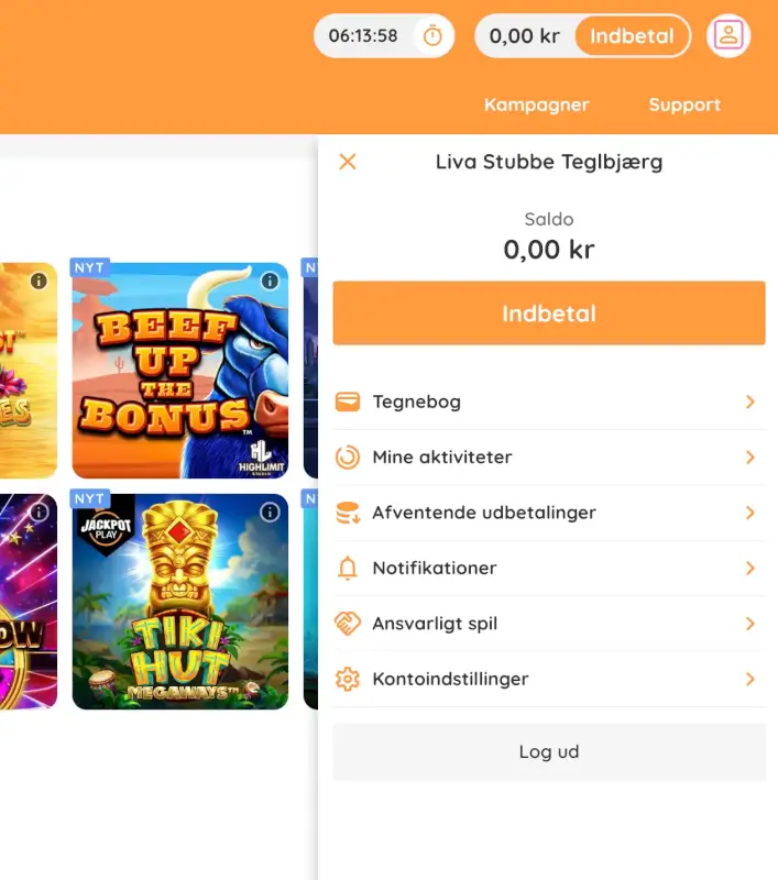 Brugermenuen hvor du finder din tegnebog og kan foretage ind- og udbetalinger m.m..