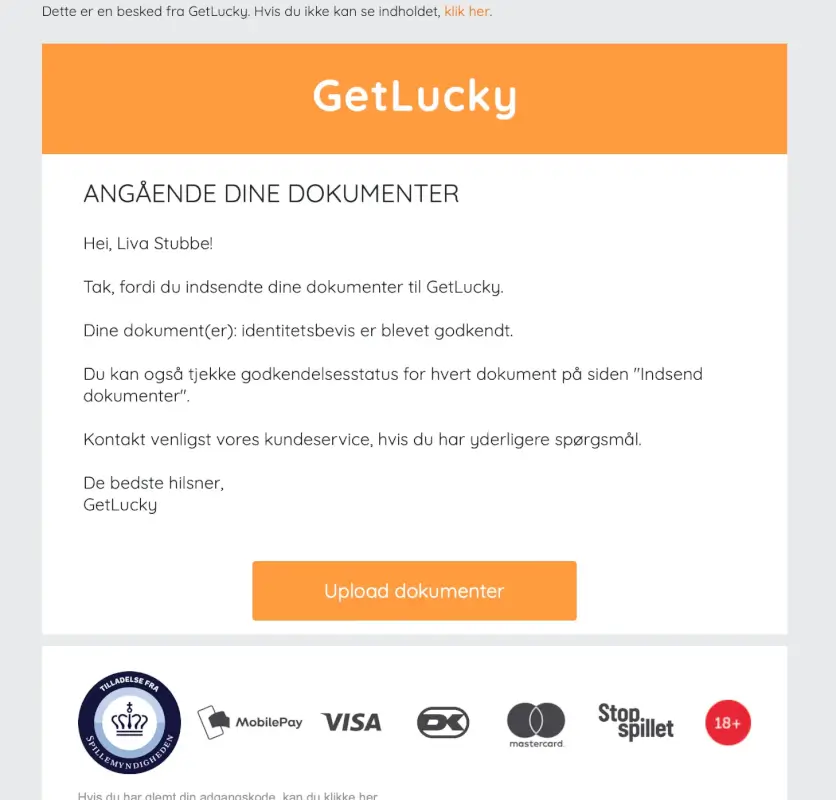 GetLucky bekræftigelsesmail på gennemført verificering og godkendt identitetsbevis.