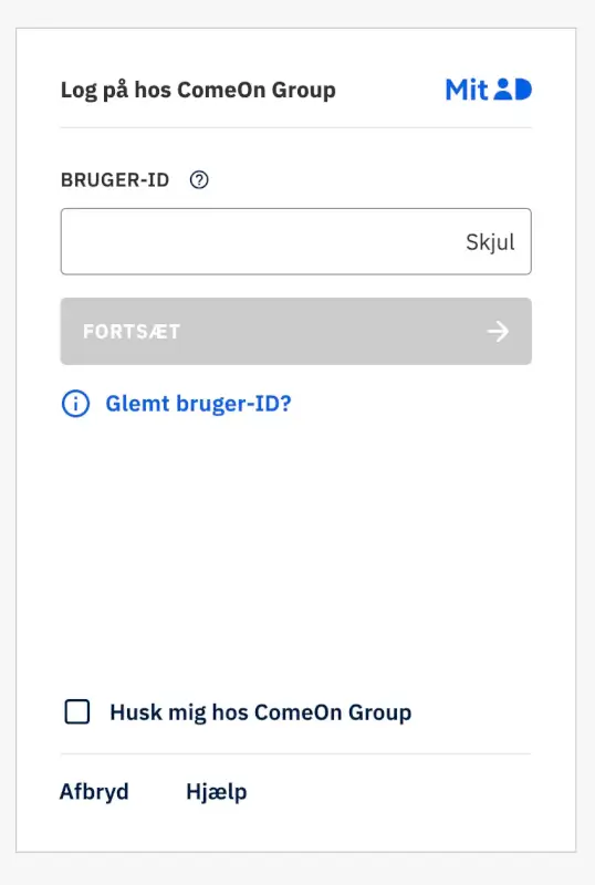 MitID login side med funktion til at gemme oplysninger på tværs af ComeOn Groups platforme.
