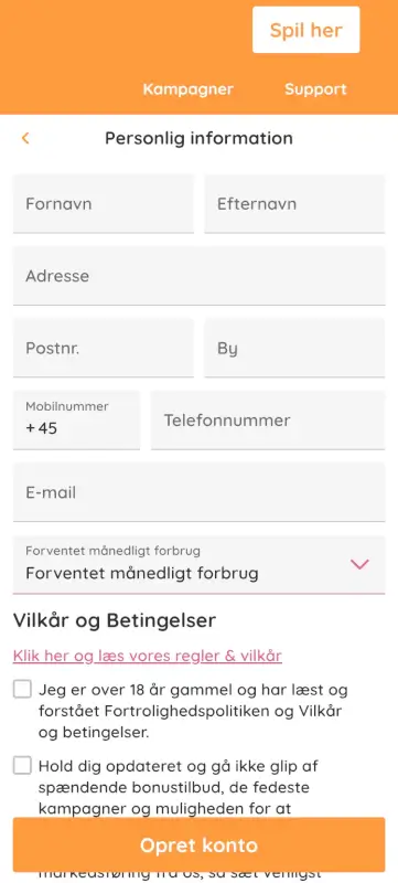 Skema for personlige oplysninger efter MitID login er gennemført.