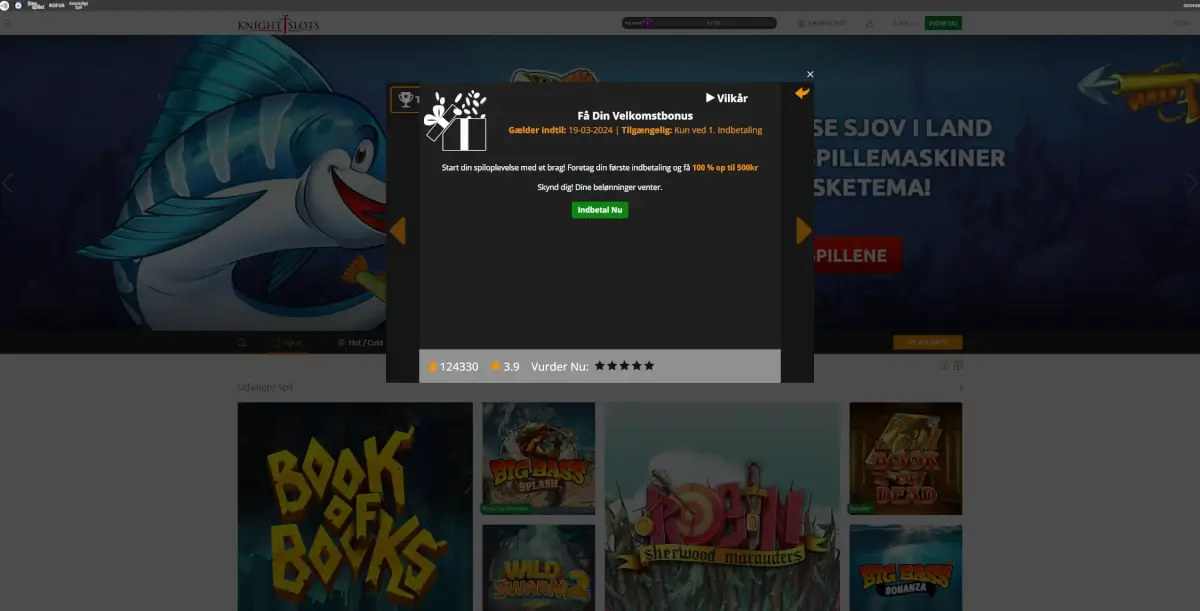 Her kan du se bonussen, som nu er tilgængelig. Tryk på bonussen og derefter på indbetal-knappen.