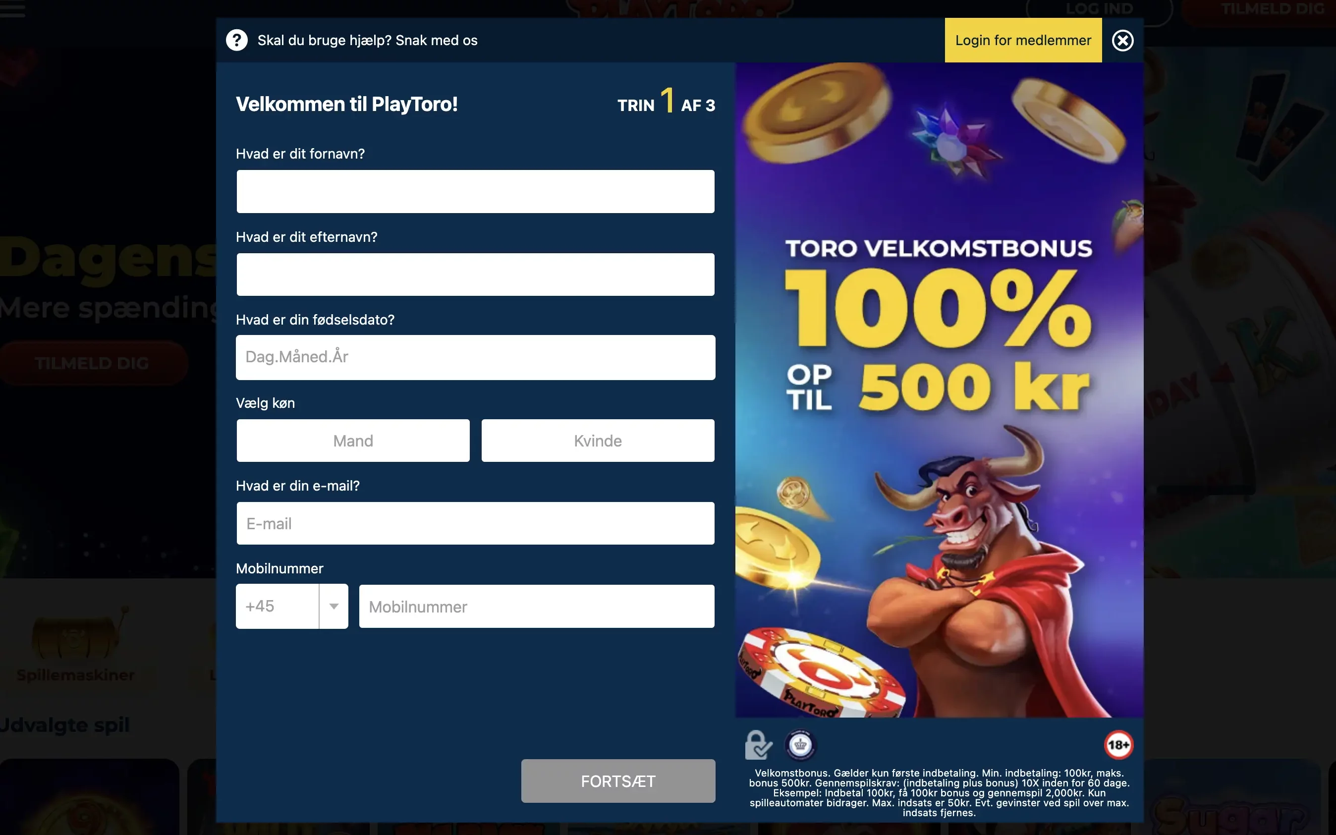 Når du opretter en casinokonto på PlayToro Casino, skal du oplyse fulde navn, fødselsdag, køn, telefonnummer, mail og vælge et brugernavn.