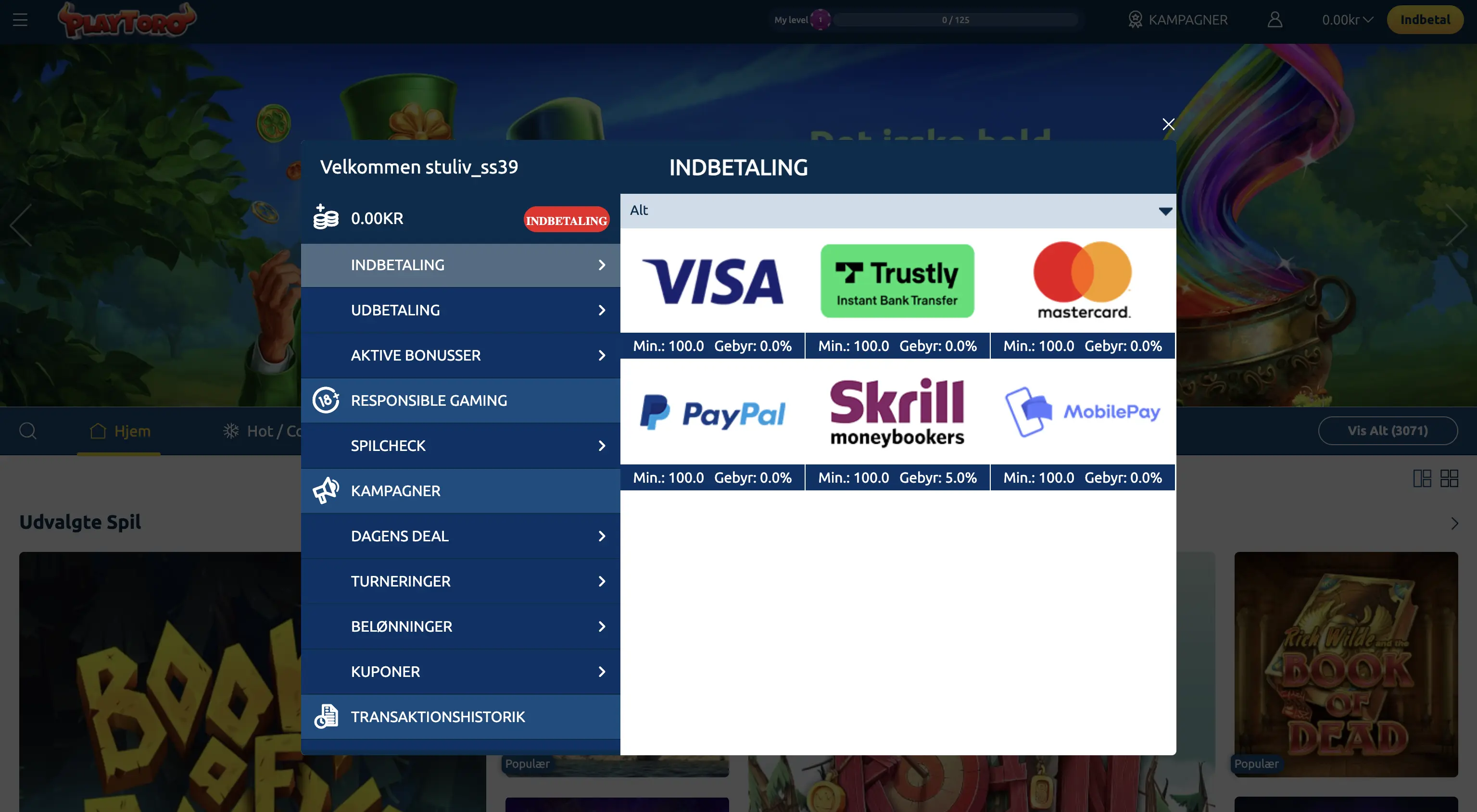 Indbetalingsmuligheder hos PlayToro Casino: Visa/Mastercard, Trustly, PayPal, Skrill og MobilePay.