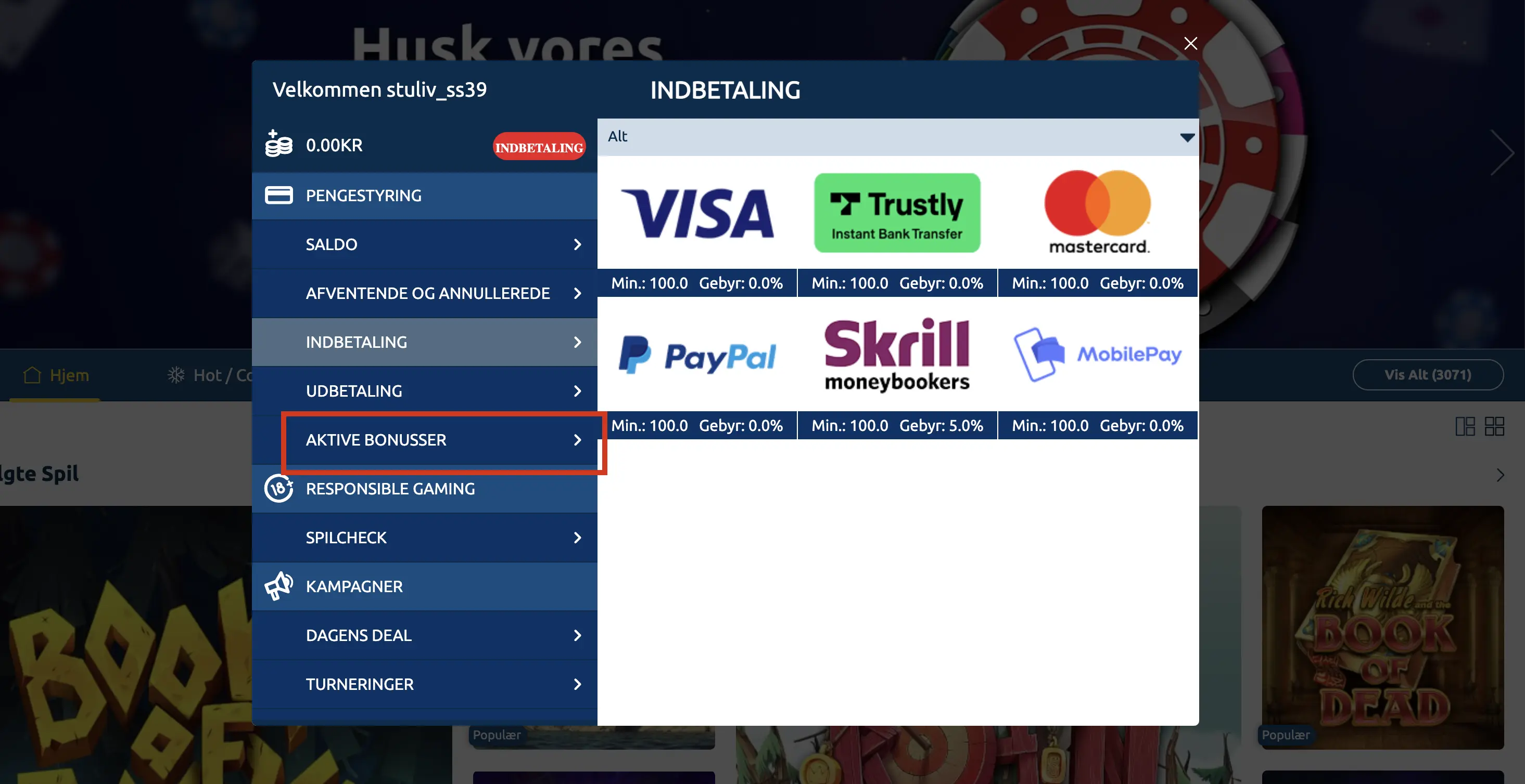 PlayToro Casinos brugermenu. Markeret ved det røde felt finder du dine aktive bonusser.