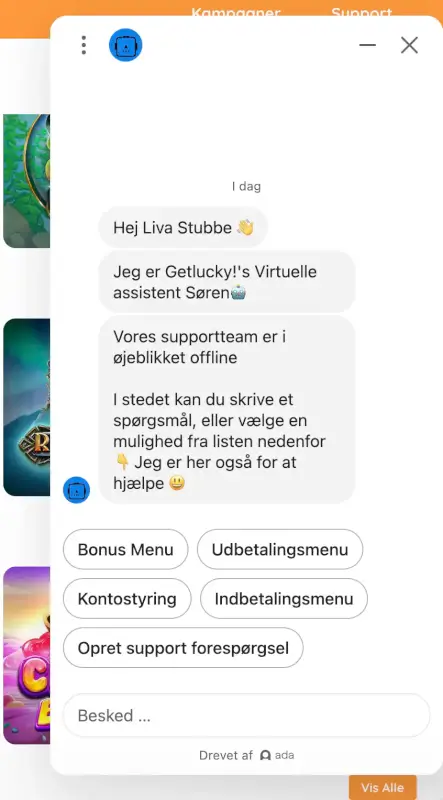 Chatbotten Søren og hvad han hurtigt kan hjælpe dig med og sider han kan henvise dig til.