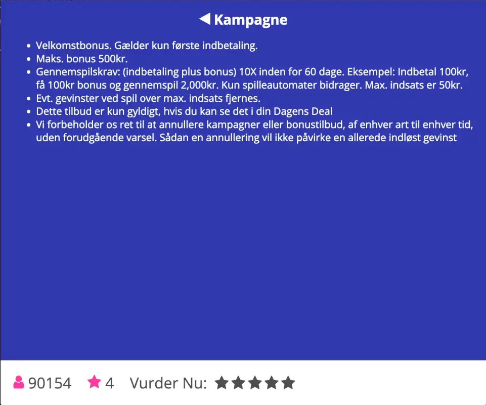 Oversigt over vilkårene og betingelserne for Slotstars Casinos velkomstbonus