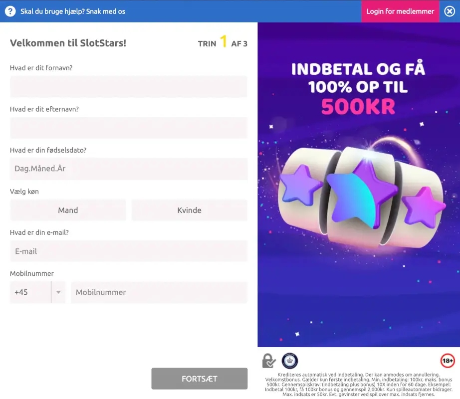 Trin 1 i Slotstars Casinos profiloprettelse. Her indtaster du dine oplysninger.