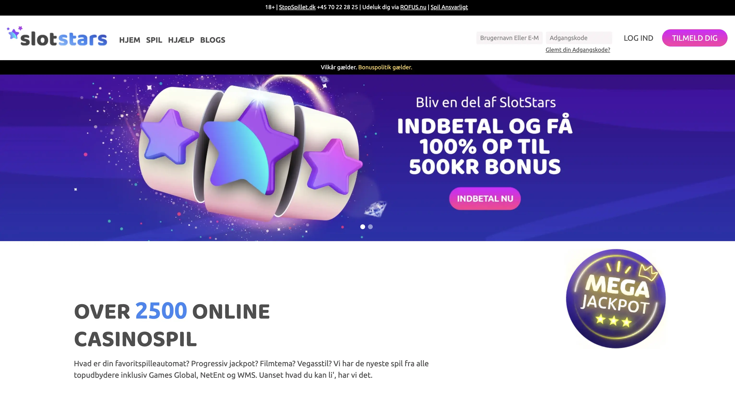 Slotstars forside med knap for tilmelding øverst i højre hjørne.