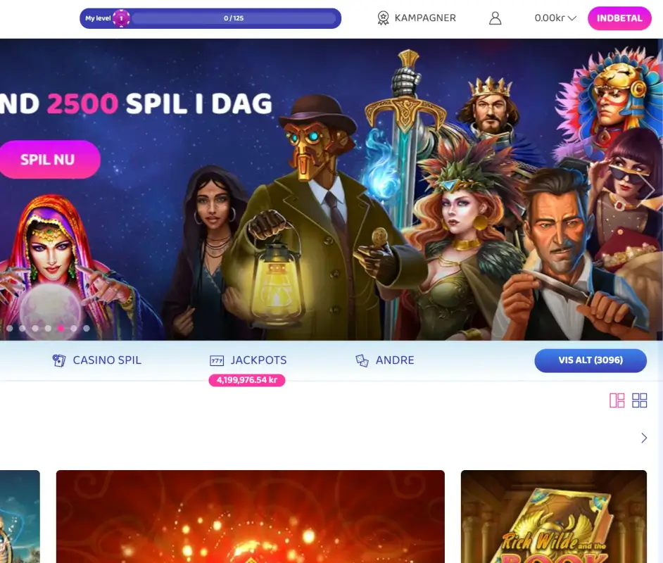 Øverste bjælke med valgmuligheder for at foretage indbetaling, se kampagner eller se din profil.