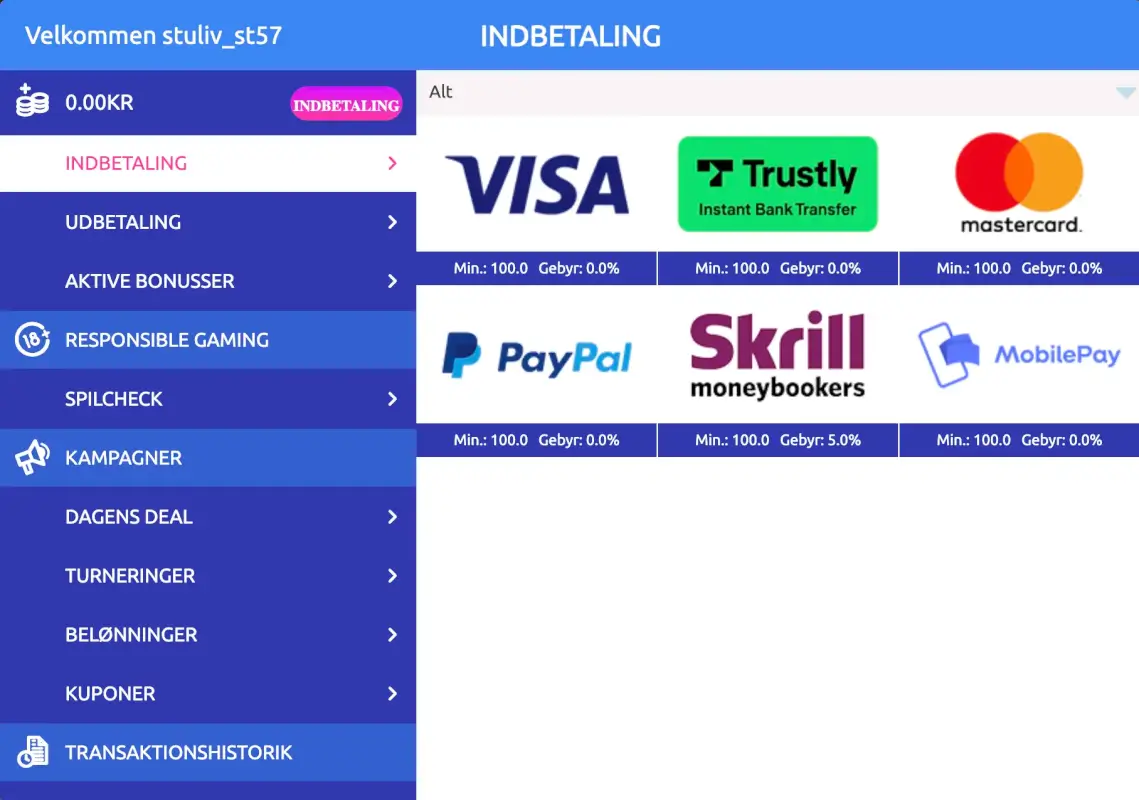 Faktiske betalingsmuligheder hos Slotstars Casino.
