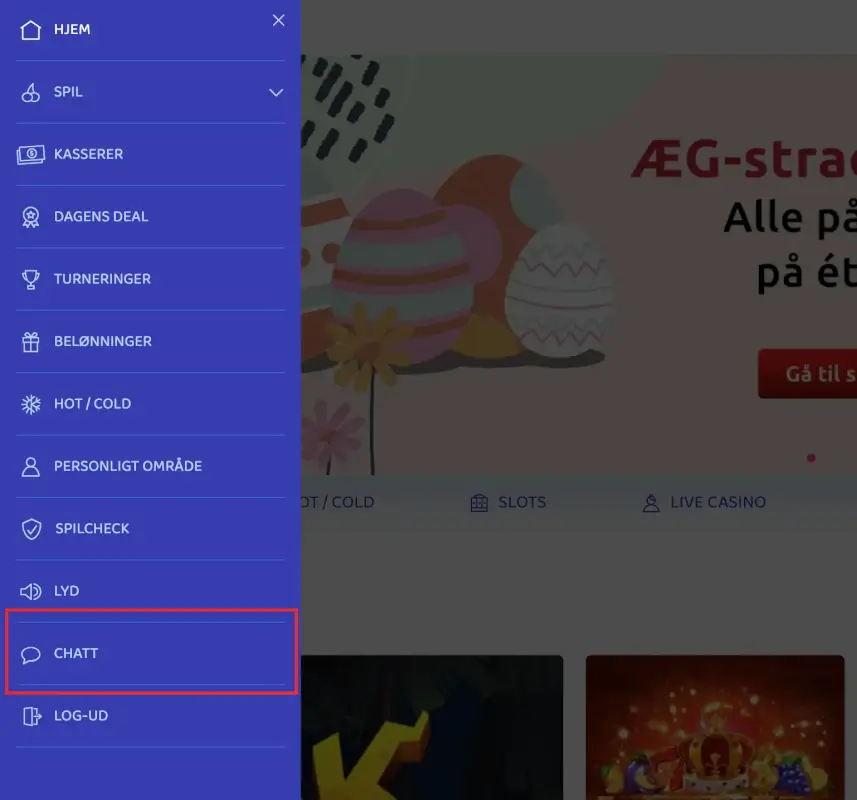 Udfoldet burgermenu hvor du finder supportchatten som den næstsidste valgmulighed.