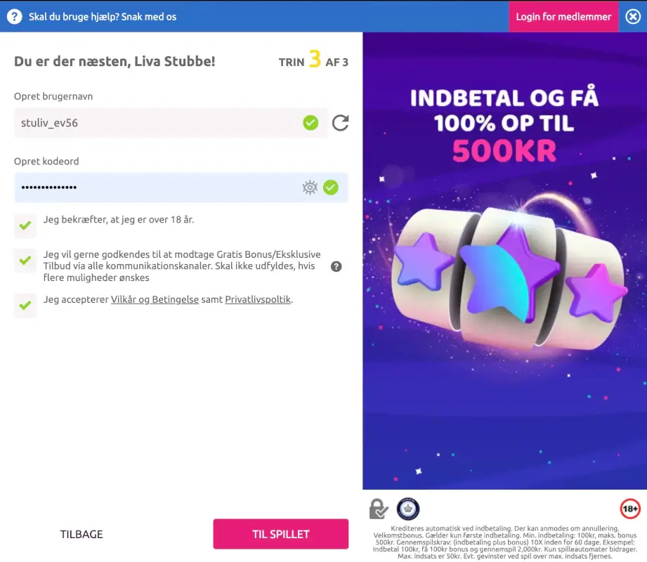 3. trin i Slotstars profiloprettelse. Vælg her brugernavn og et stærkt password.