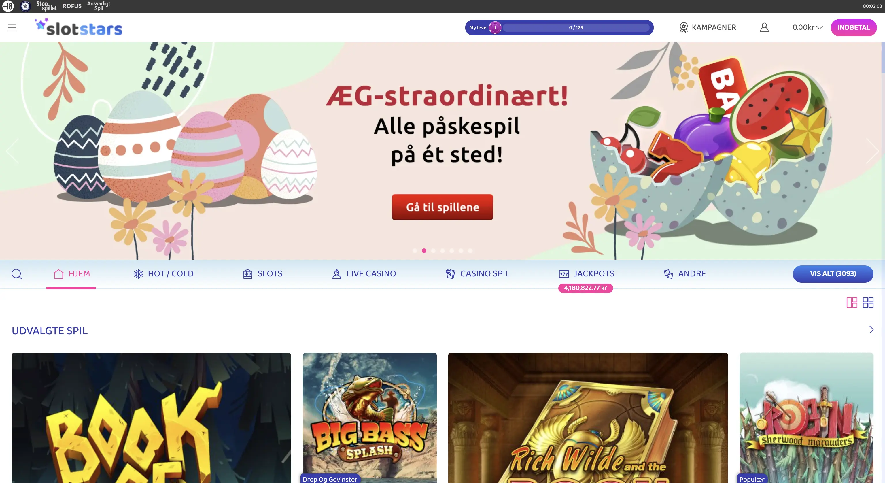 Slotstars forside. Her kan finder du knappen til "Kampagner" ved siden af "My Level" baren.