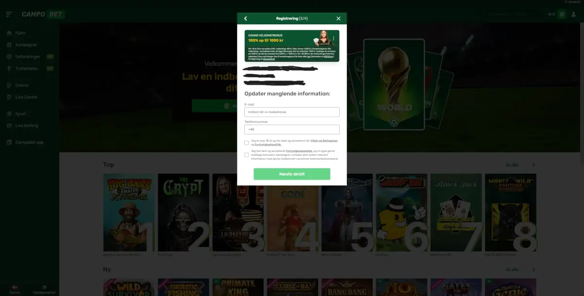 Her ses siden, hvor du bliver bedt om at indtaste e-mail og telefonnummer til casinoet.