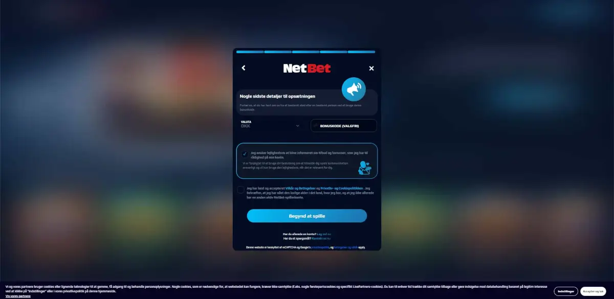 angiv en valuta og indtast en eventuel bonuskode