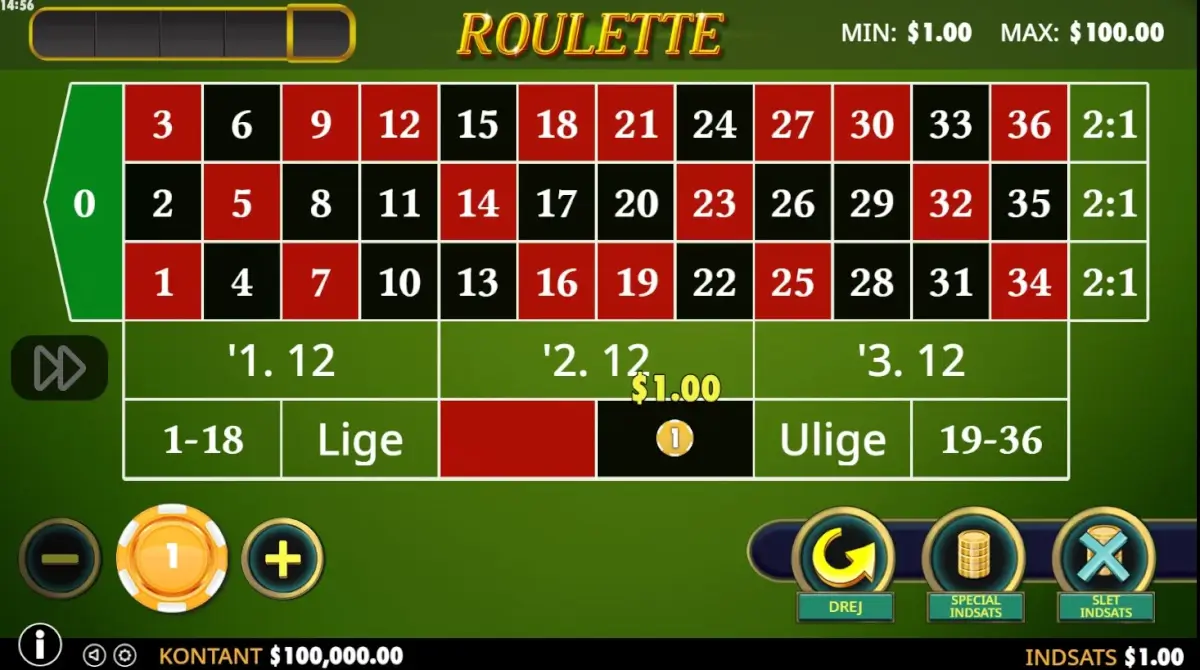 Europæisk roulette med første indsats.