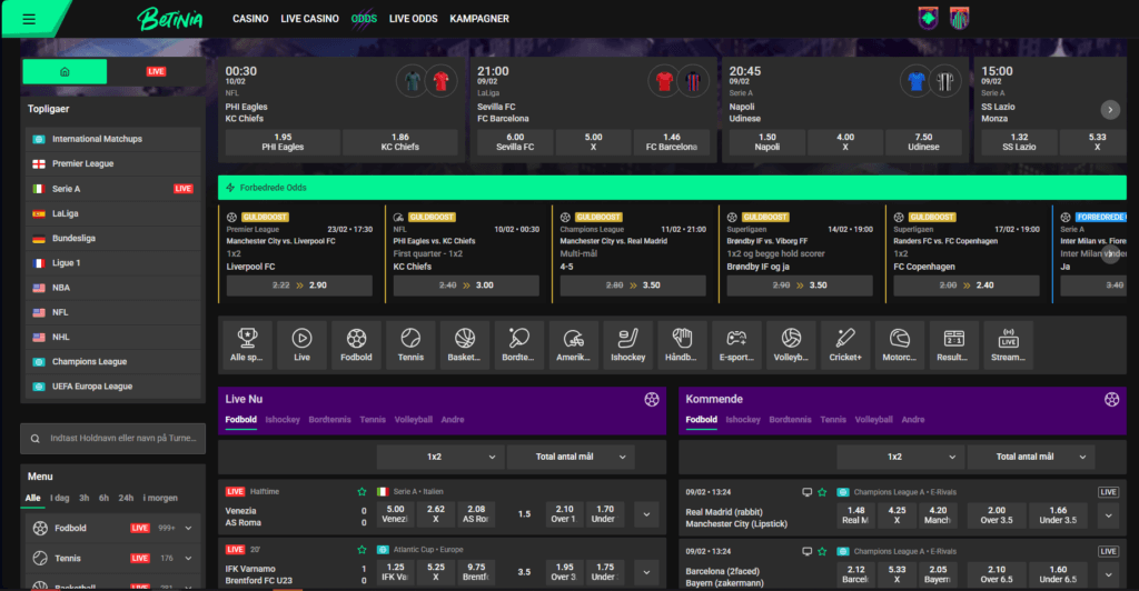 Betinia sportsoversigt for odds.