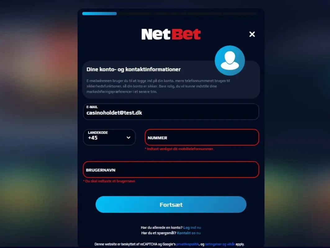 Oprettelse af konto hos NetBet.