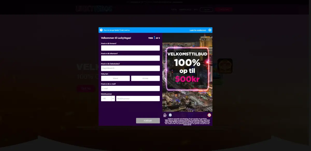 indtaste dine personlige oplysninger Lucky Vegas