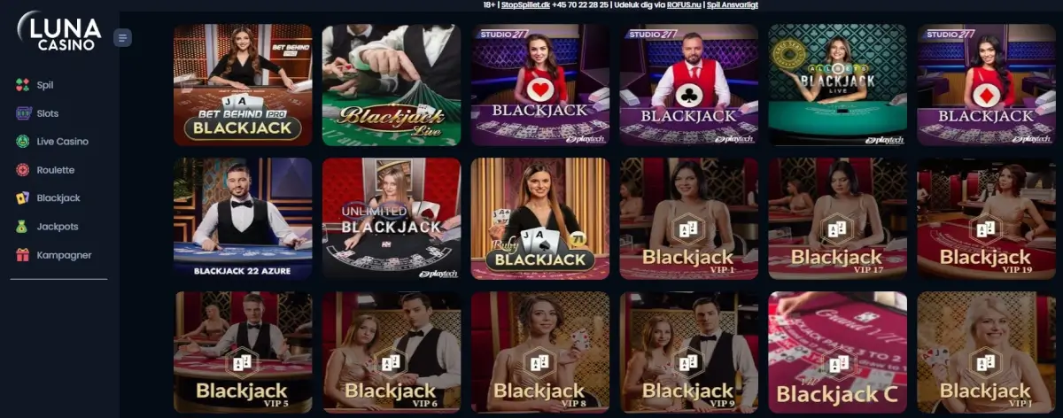 Blackjack spil hos Luna Casino med høj RTP.