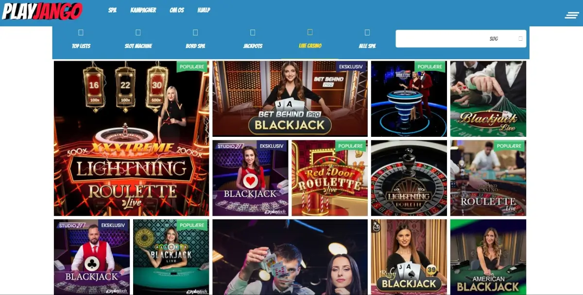 Mange live casino spil hos PlayJango