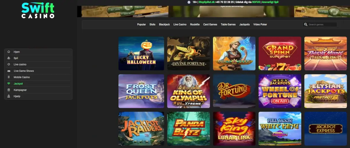 Swift Casino med live jackpot spil.
