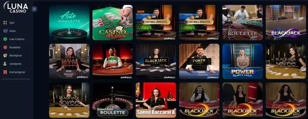 Spiludvalg i live casino hos Luna Casino.