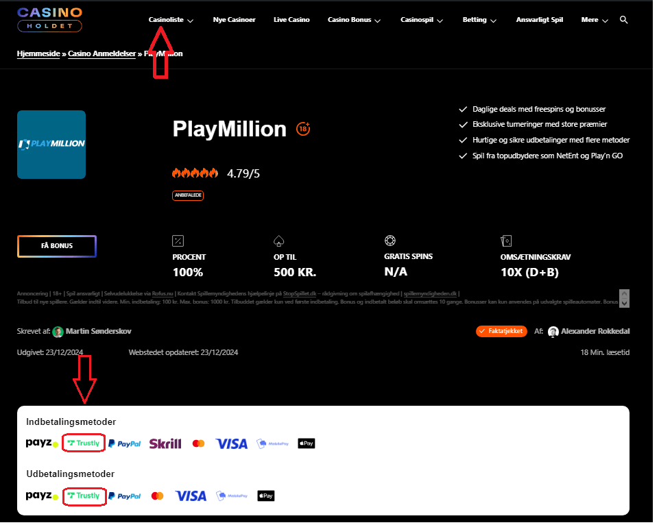 Casino anmeldelser med udbetalingsmetoder som Trustly.