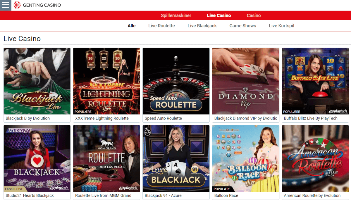 Live casino udvalg hos Genting Casino.