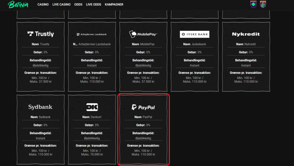 Brug PayPal hos Betinia online casino. 