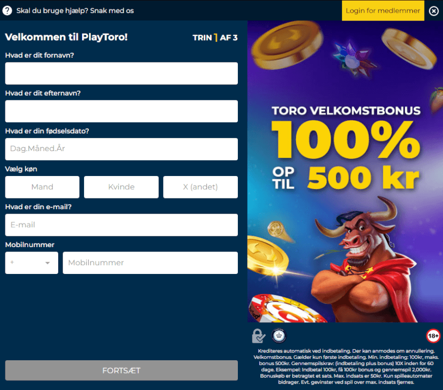 Kontooprettelse med velkomstbonus.