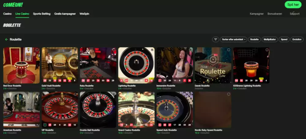 Roulette udvalget hos ComeOn! Casino.