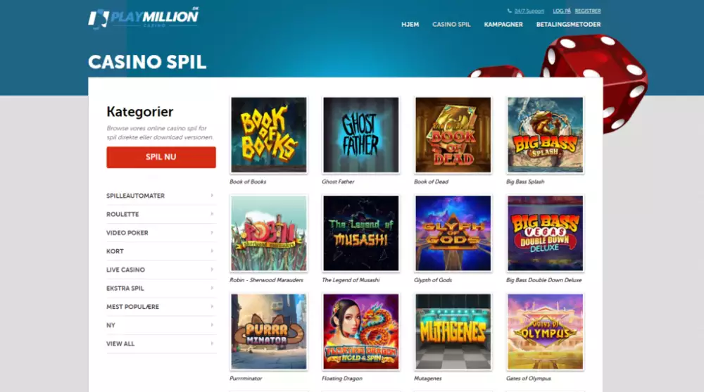 Overskuelige spiloversigt hos PlayMillion Casino. 