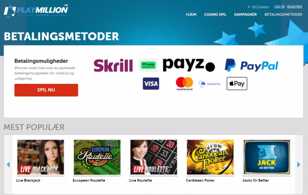 Betalingsløsninger som Apple Pay hos PlayMillion. 