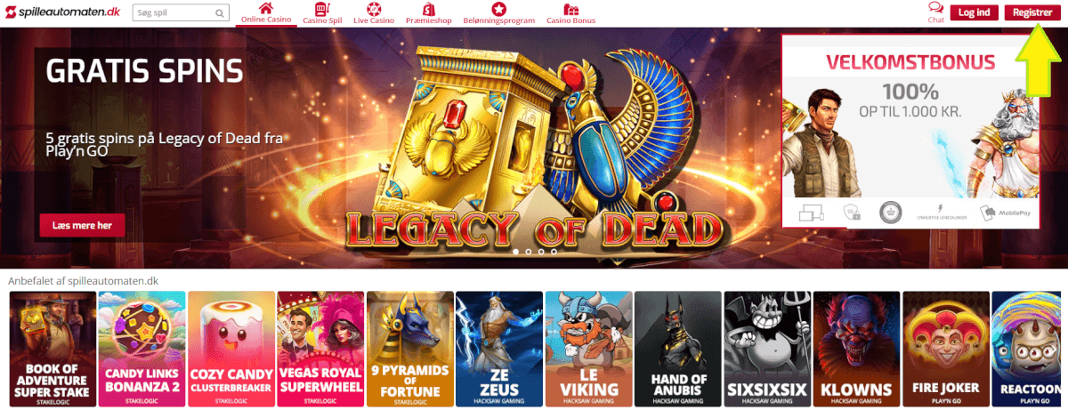 Forsiden hos Spilleautomaten.dk